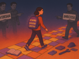 La hipergamia no existe: desmontando el mito moderno más usado contra las mujeres 14 | Casi Creativos Ilustración horizontal en estilo collage artístico que muestra a una mujer caminando con determinación sobre un camino empedrado de colores cálidos. El camino está compuesto por libros, diplomas y herramientas, simbolizando su crecimiento personal y profesional. Lleva una mochila brillante con las palabras 'AUTONOMÍA', 'DIGNIDAD' y 'LIBERTAD'. A su alrededor, varios hombres en tonos grises la señalan con carteles que dicen 'INTERESADA', 'HIPERGÁMICA' y 'AMBICIOSA', pero ella los ignora y sigue adelante con la mirada al frente.