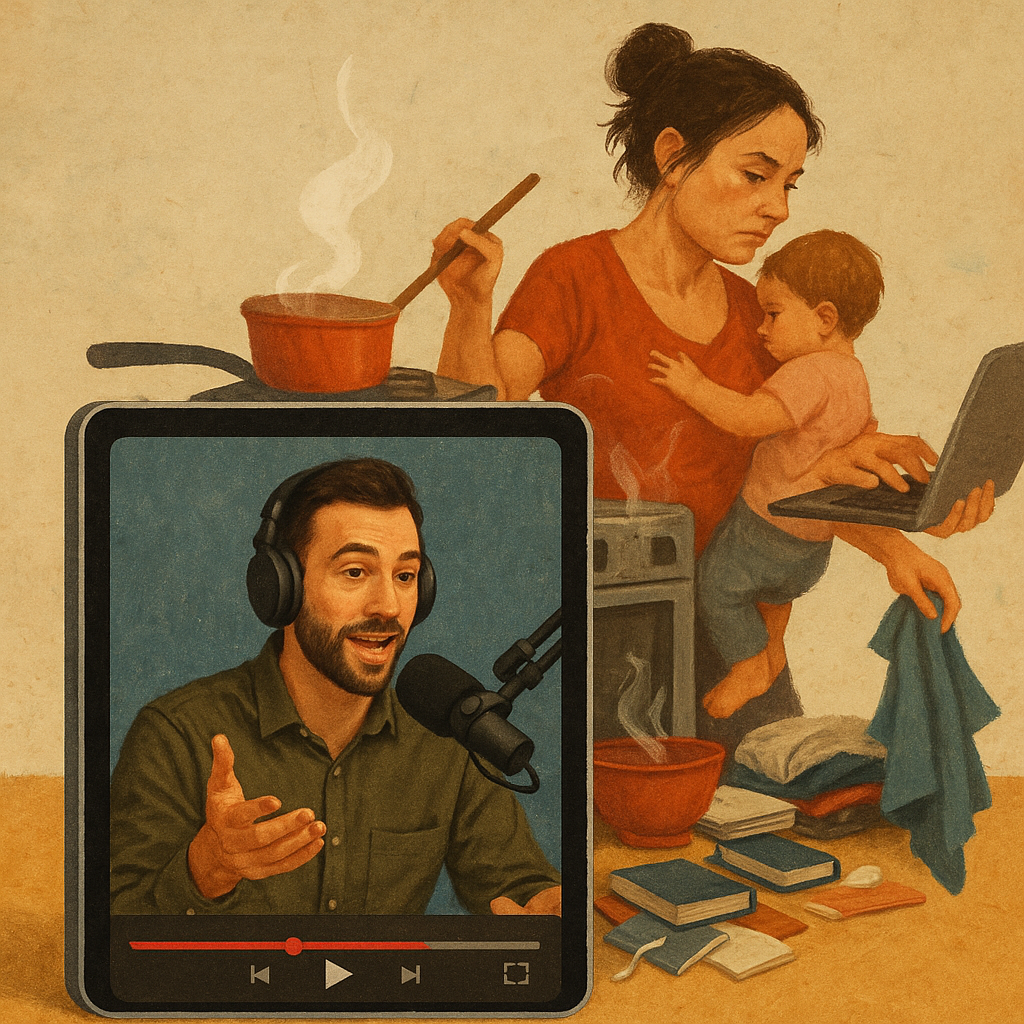 Tablet grande en primer plano muestra a un hombre en un video estilo podcast; al fondo, una mujer realiza múltiples tareas: cocina, cuida a un niño, trabaja en una laptop y recoge ropa, en un entorno más desgastado que contrasta con la pantalla brillante.