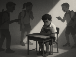 Clasismo en México: cómo aprendemos la vergüenza de ser pobres. 19 | Casi Creativos Niño con uniforme escolar desgastado sufre burlas de compañeros con ropa de marca, reflejando el clasismo en las escuelas mexicanas.