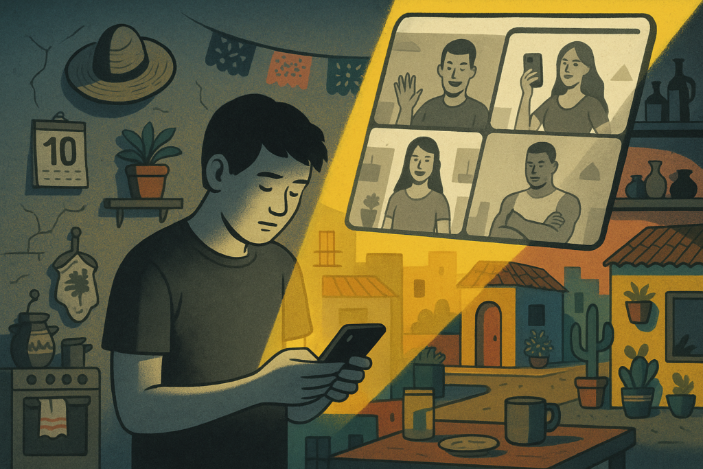 Joven observa en su celular influencers en espacios minimalistas, mientras su entorno real colorido refleja el clasismo digital y cultural en México.
