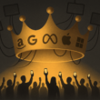 Tecnofeudalismo: el nuevo capitalismo de las generaciones modernas 16 | Casi Creativos Corona medieval formada por logos de Google, Amazon, Meta, Apple y Microsoft sobre una multitud con teléfonos, ilustración de tecnofeudalismo.