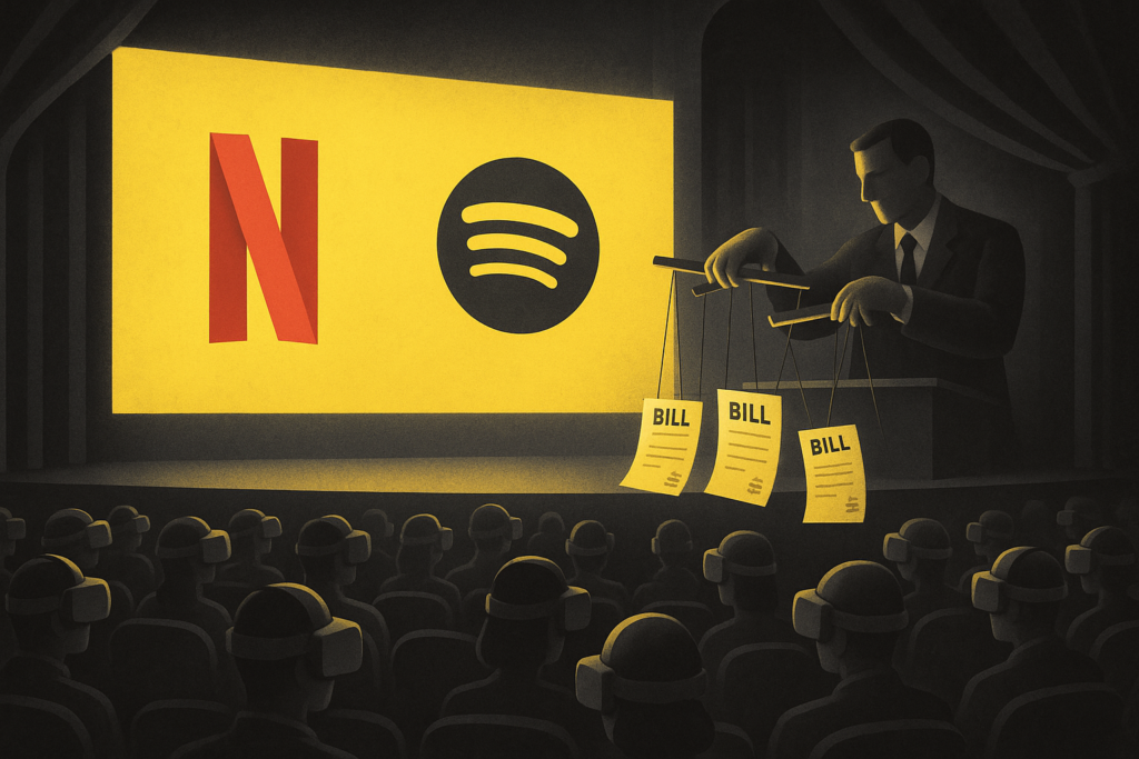 Público con cascos de realidad virtual en un teatro viendo pantallas de Netflix y Spotify, empresario controla marionetas con recibos, ilustración de tecnofeudalismo digital.