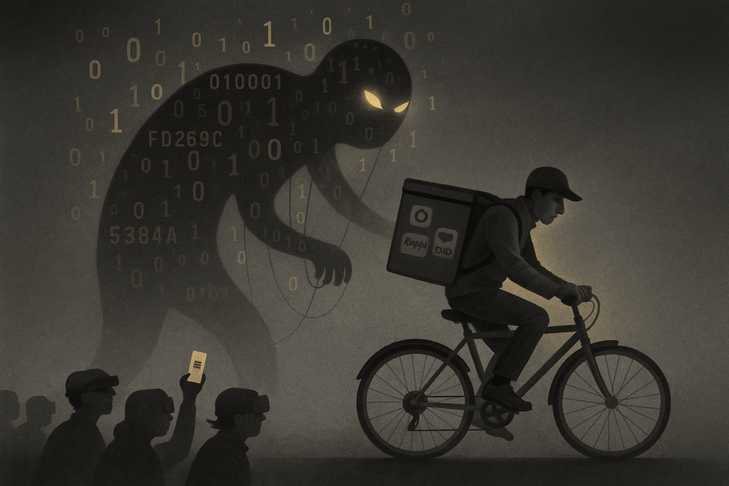 Repartidor en bicicleta seguido por la sombra de un algoritmo con cajas de Uber, Rappi y Didi, ilustración de tecnofeudalismo laboral.