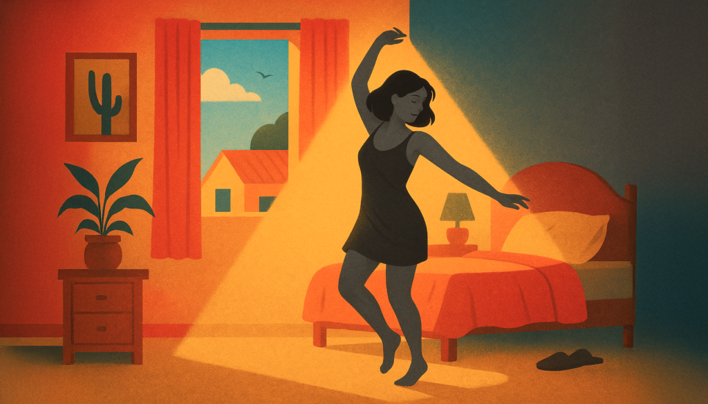 Mujer bailando con libertad en su habitación, expresando sensualidad como autocuidado y autenticidad.
