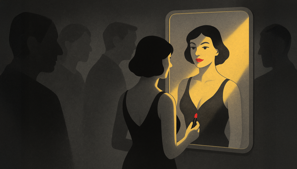 Mujer mirándose al espejo con seguridad mientras enfrenta críticas invisibles, simbolizando la sensualidad y el feminismo.